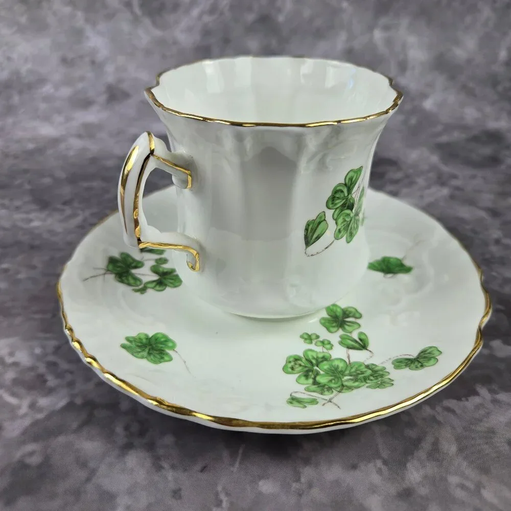 Hammersley & Co Lucky Shamrock Tea Cup & Saucer Bone China Gold Trim Vintage